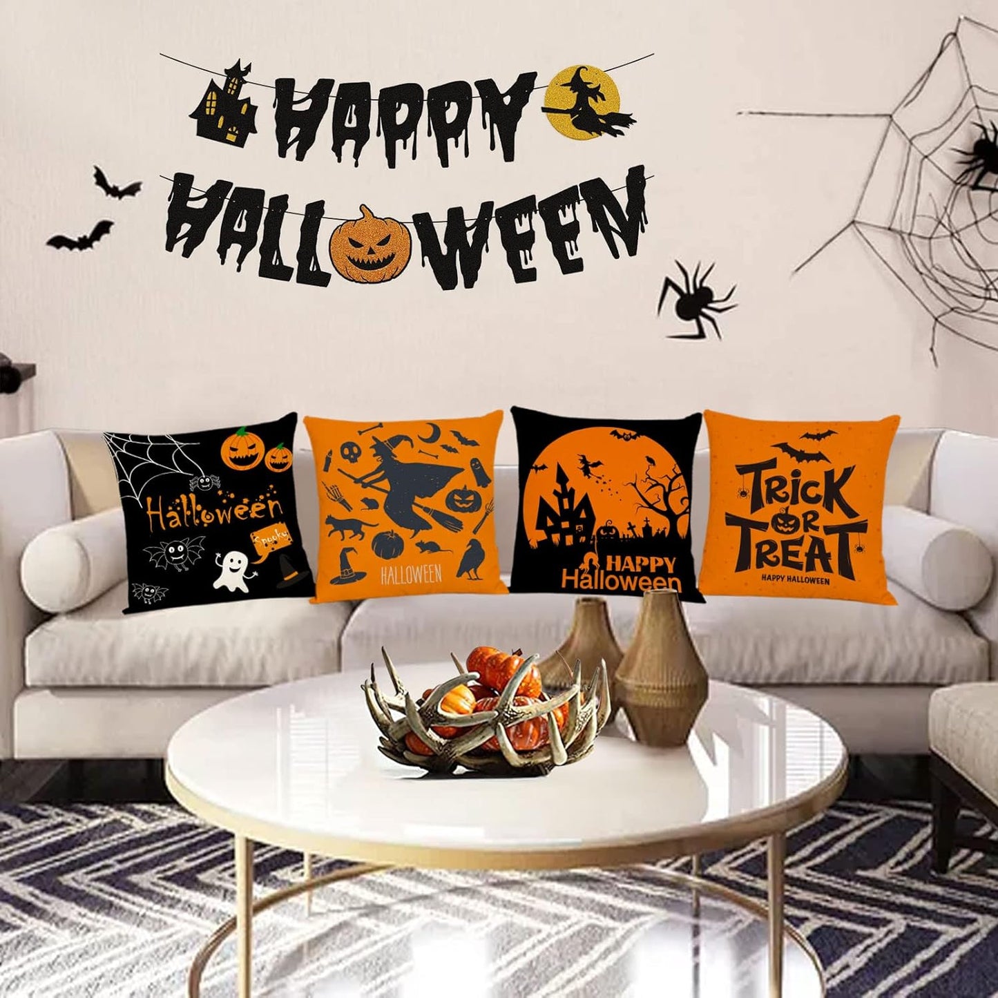 Set of 4 Halloween Fall Black Decorative Throw Pillows 