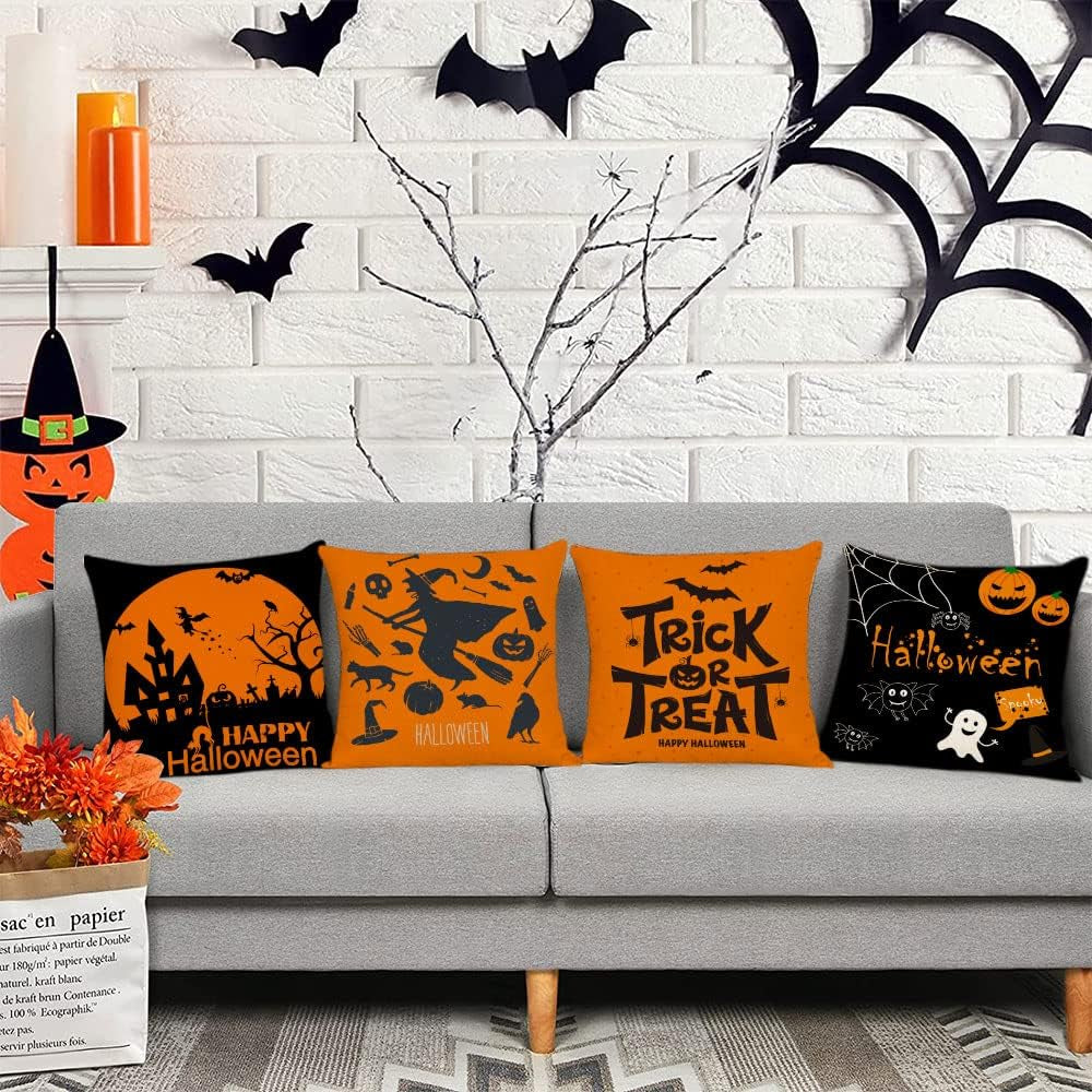 Set of 4 Halloween Fall Black Decorative Throw Pillows 