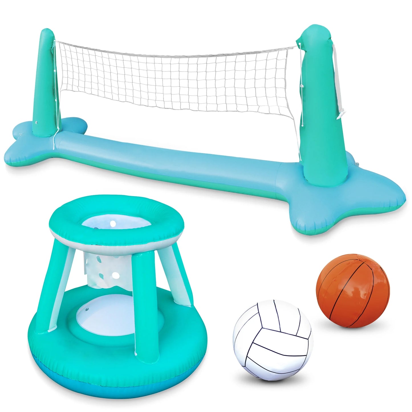 Blue Inflatable Pool Game Set with Volleyball Net & Basketball Hoops - Fun for Kids and Adults