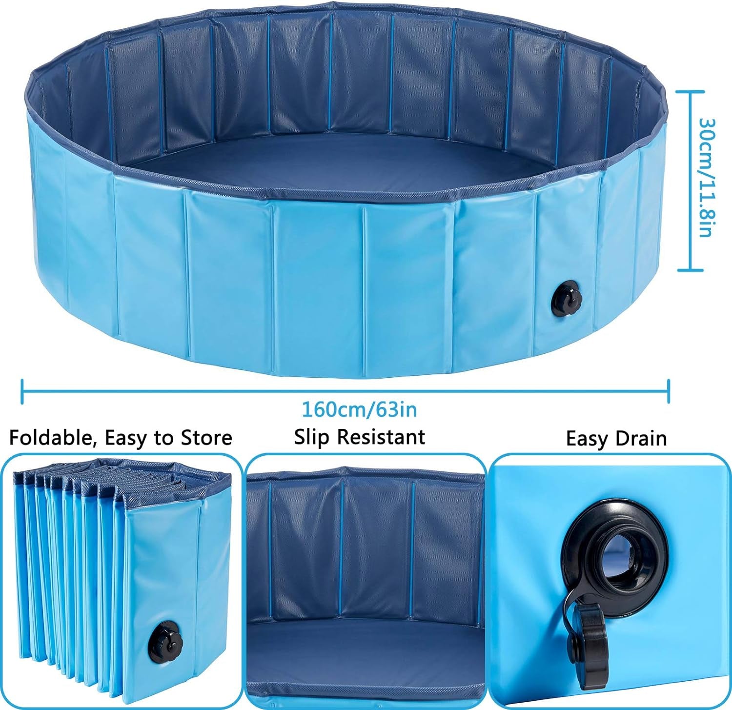 Foldable Dog Pool - Large Anti-Slip PVC Pet Swimming Pool (63"x12")