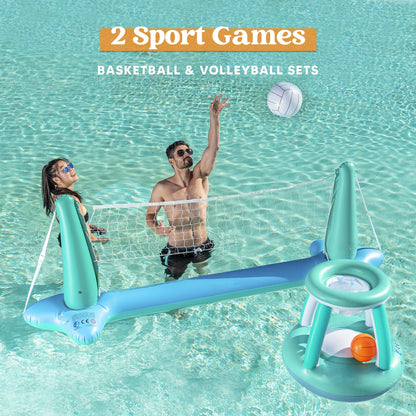 Blue Inflatable Pool Game Set with Volleyball Net & Basketball Hoops - Fun for Kids and Adults