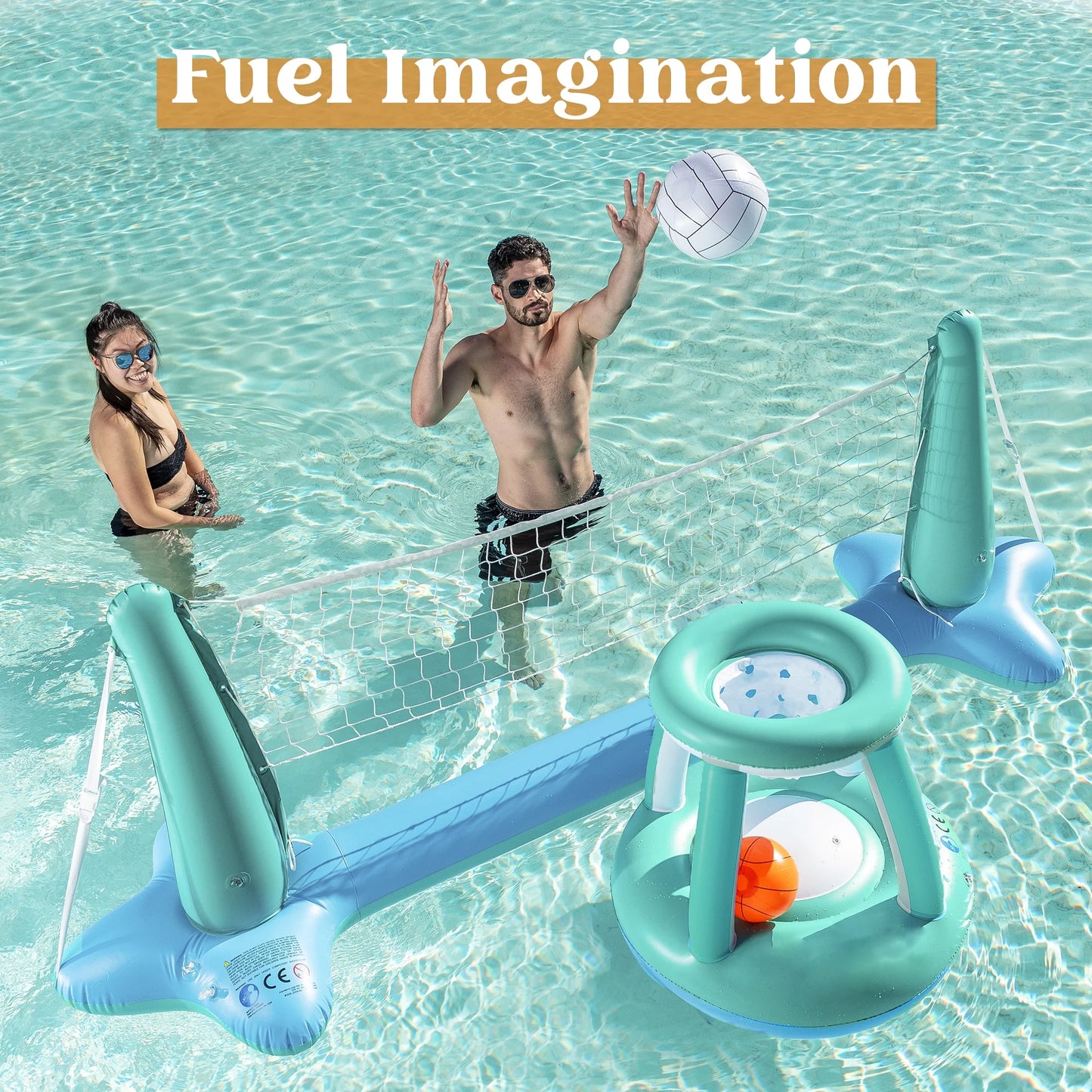 Blue Inflatable Pool Game Set with Volleyball Net & Basketball Hoops - Fun for Kids and Adults