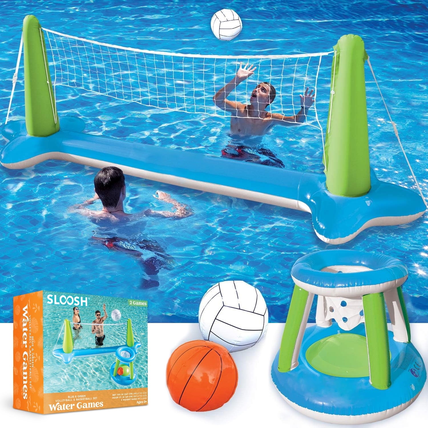 Blue Inflatable Pool Game Set with Volleyball Net & Basketball Hoops - Fun for Kids and Adults