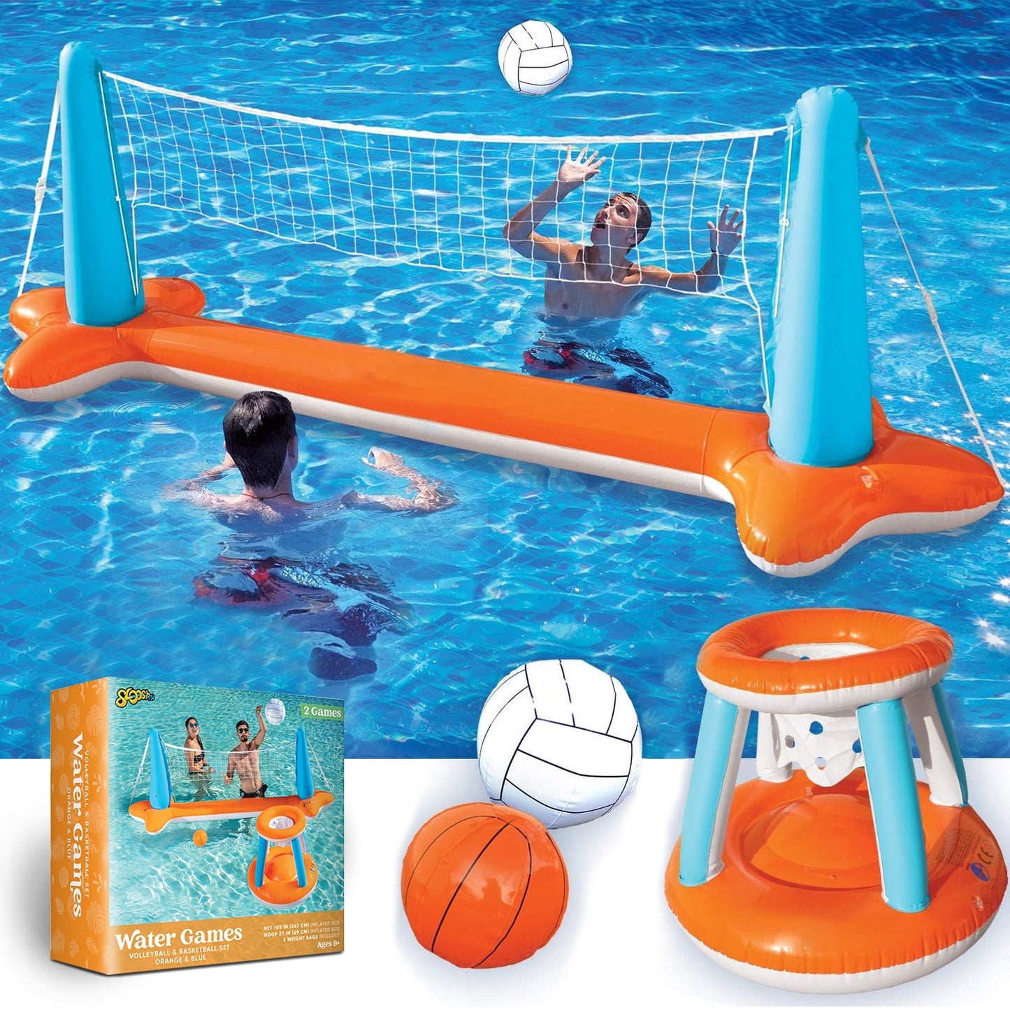 Blue Inflatable Pool Game Set with Volleyball Net & Basketball Hoops - Fun for Kids and Adults