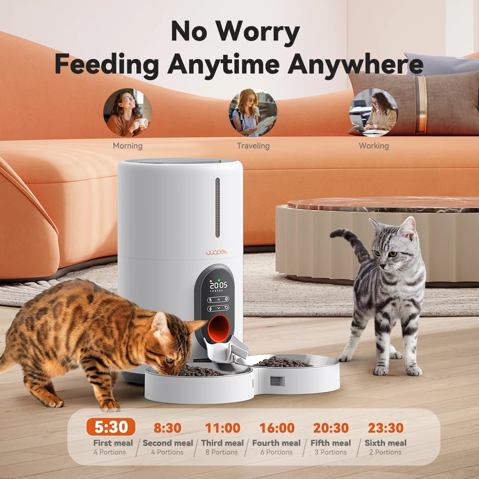 Automatic Feeder for 2 Cats and Small Dogs - 6 Meals/Day, Meal Call, 2 Stainless Steel Bowls, White