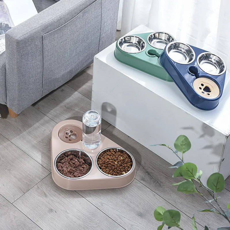 Oulylan 3In1 Pet Dog Cat Food Bowl with Bottle Automatic Drinking Feeder Fountain Durable Stainless Steel 3 Bowls Pet Supplies