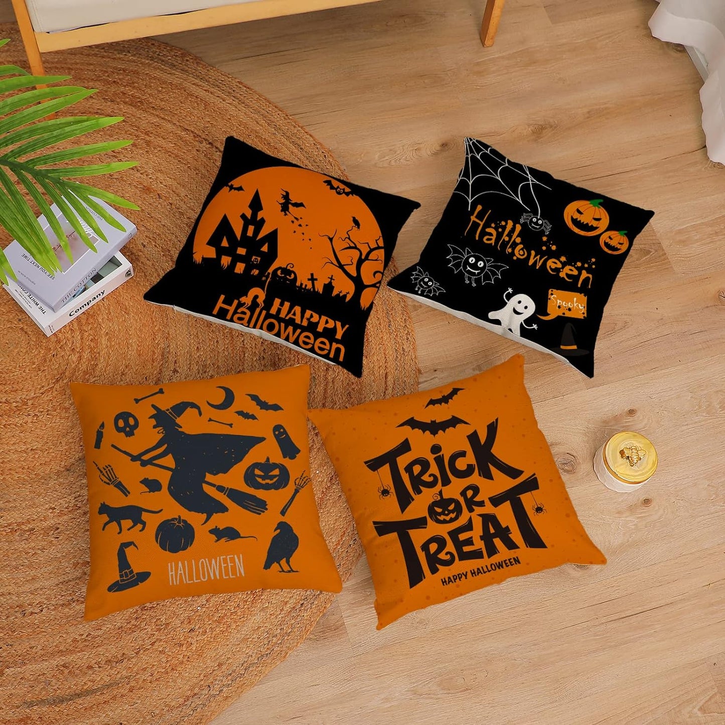 Set of 4 Halloween Fall Black Decorative Throw Pillows 