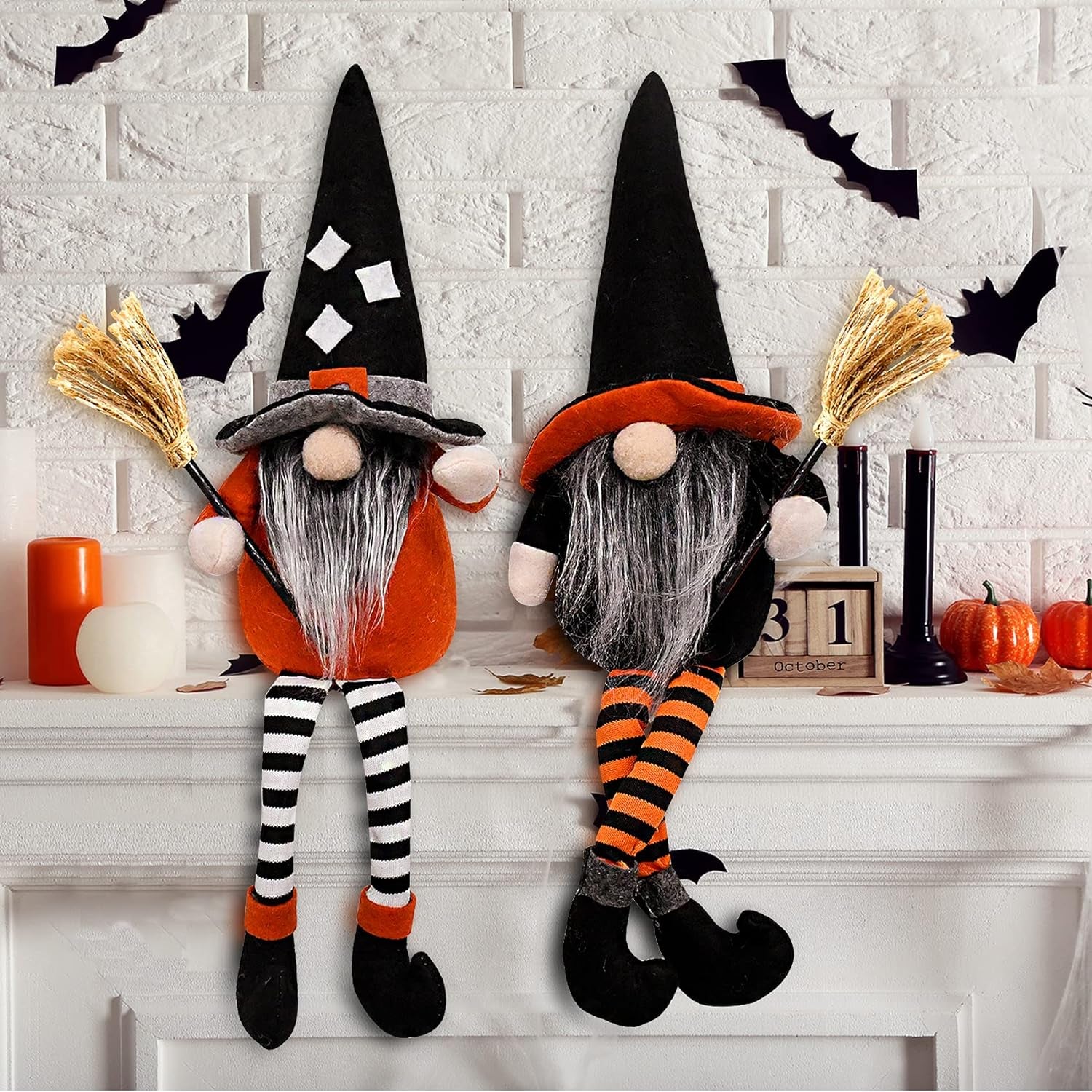 2PC Halloween Witch Gnomes Plush with Broom