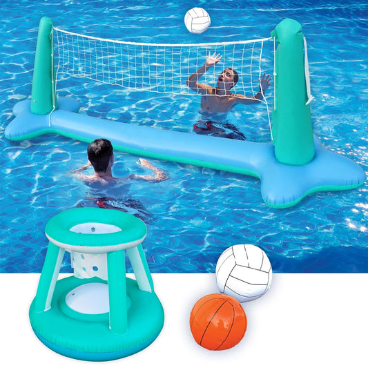 Blue Inflatable Pool Game Set with Volleyball Net & Basketball Hoops - Fun for Kids and Adults