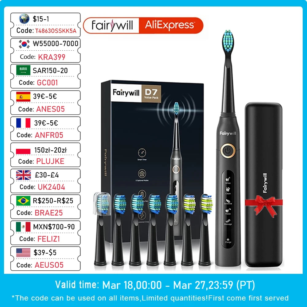 Electric Sonic Toothbrush FW-507 with USB charging, rechargeable, waterproof, for adults, with interchangeable brush heads